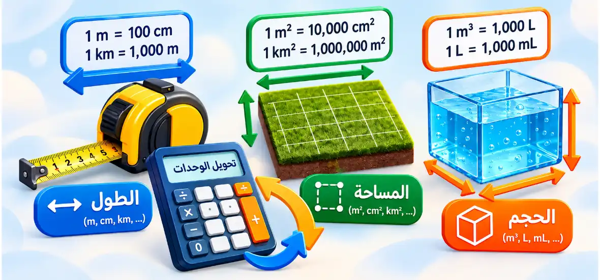 تحويل الوحدات بدقة: فرّق بين الطول والمساحة والحجم