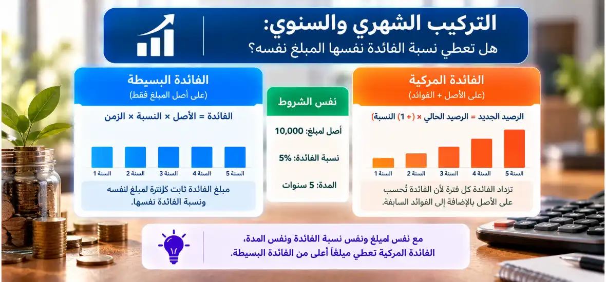 التركيب الشهري والسنوي هل تعطي نسبة الفائدة نفسها المبلغ نفسه