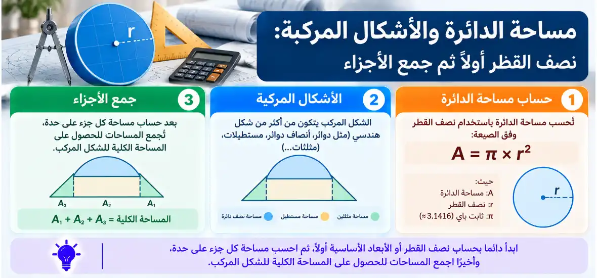 مساحة الدائرة والأشكال المركبة: نصف القطر أولًا ثم جمع الأجزاء