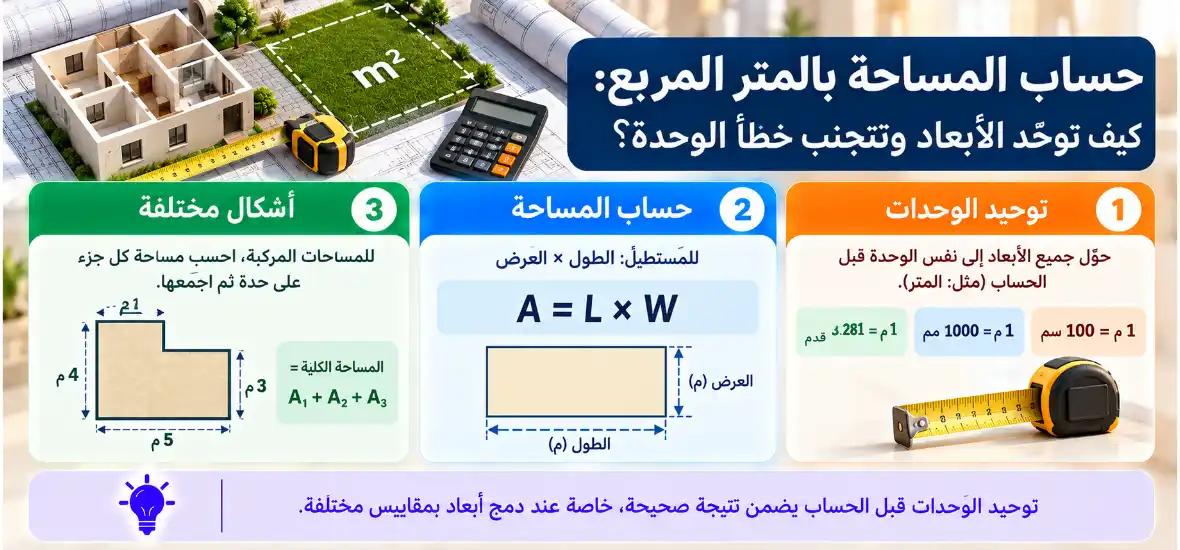 حساب المساحة بالمتر المربع: كيف توحّد الأبعاد وتتجنب خطأ الوحدة؟