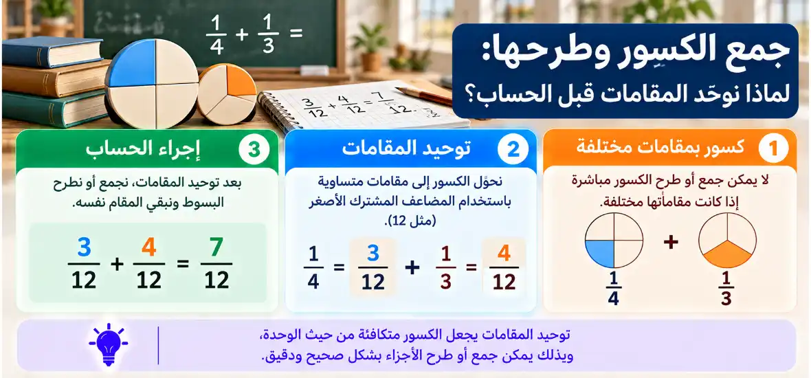 جمع الكسور وطرحها: لماذا نوحّد المقامات قبل الحساب؟