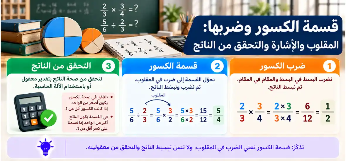قسمة الكسور وضربها: المقلوب والإشارة والتحقق من الناتج